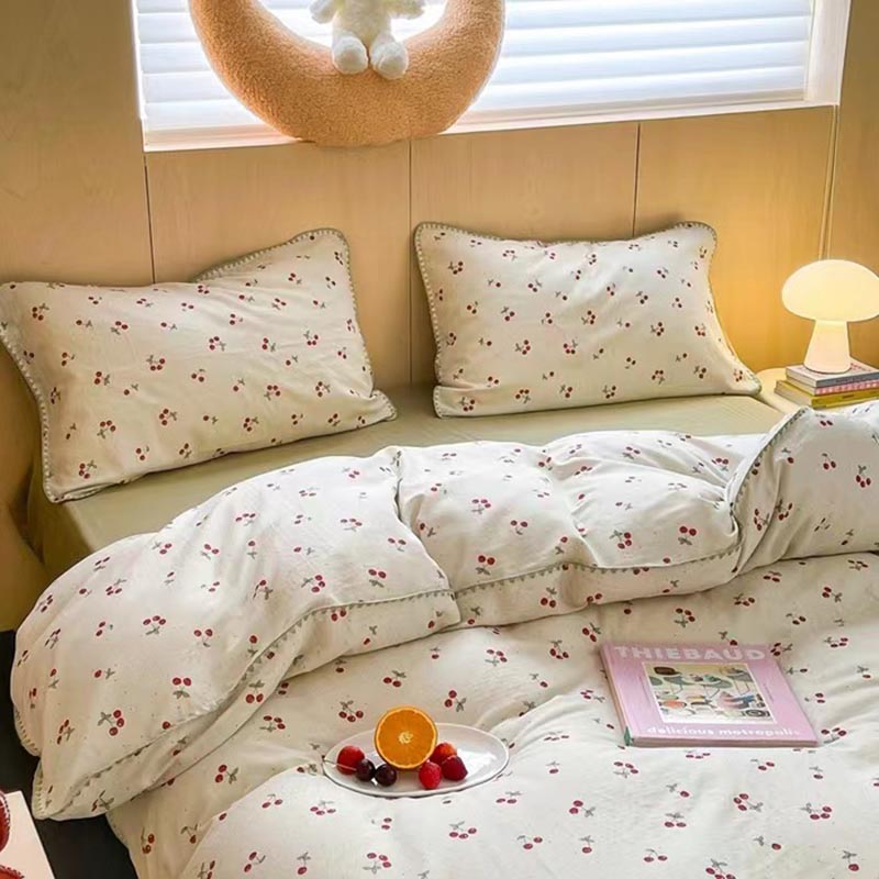 Cute Cherry Print Bedding Set White