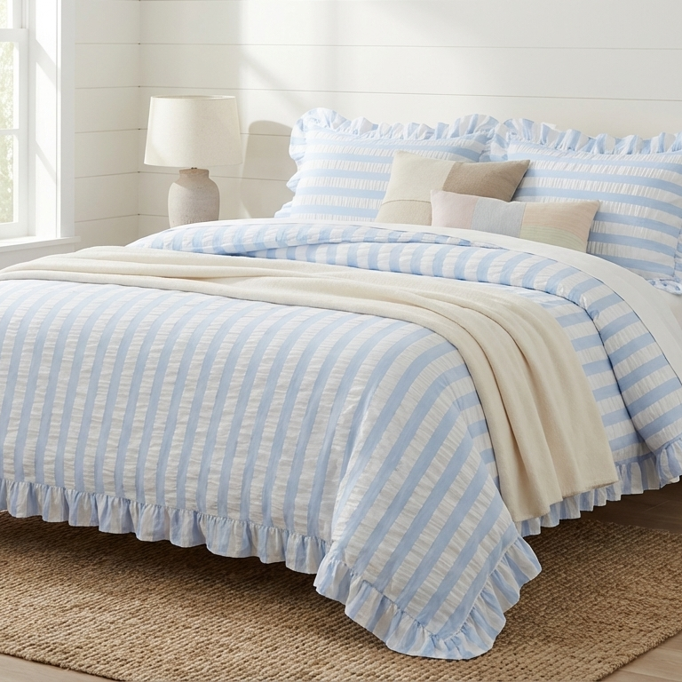 A Playful Spring Bed Styled with Seersucker and Soft Edges