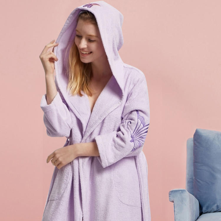 Cotton Hooded Bathrobe With Batterfly Embroidery - 3 Colors