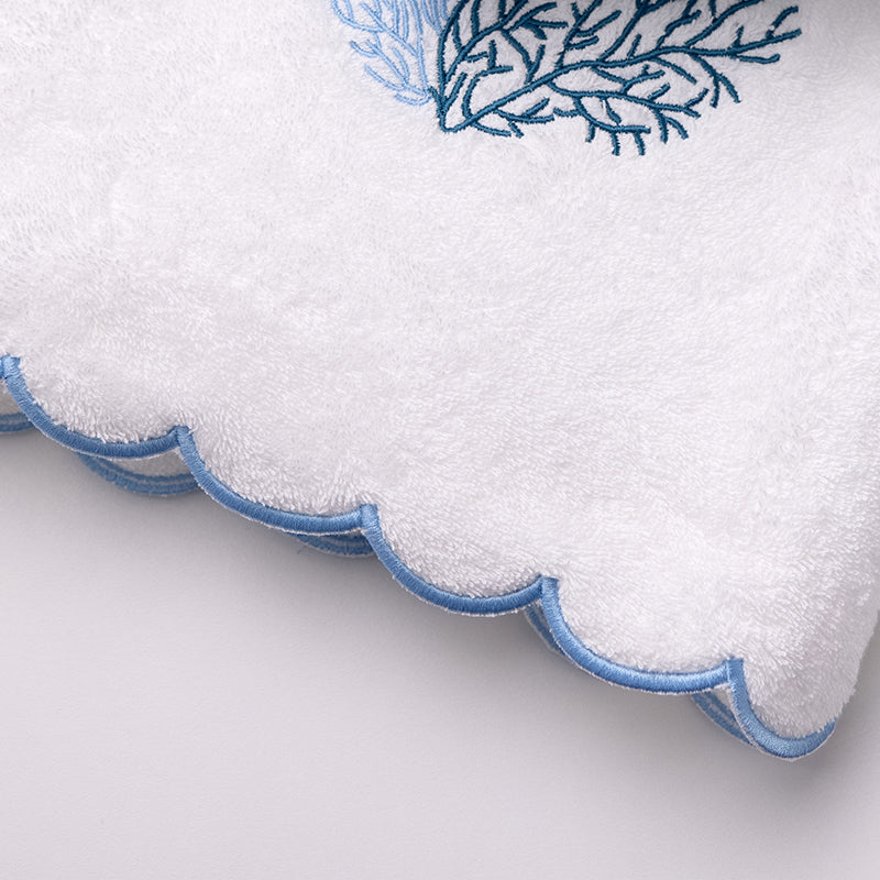 White Scalloped Edge Cotton Bath Sheets with Coral Embroidery - Set of 2 Colors