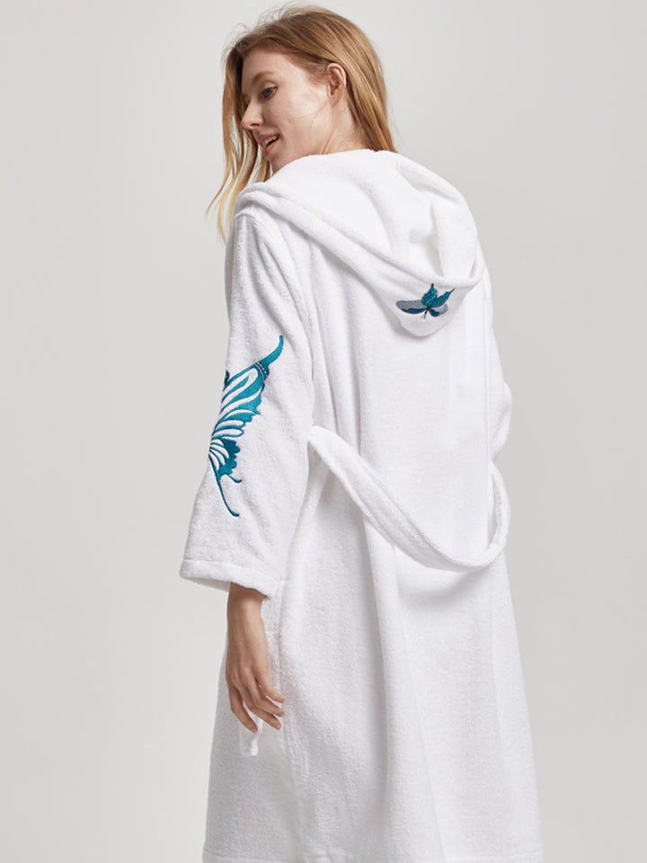 Cotton Hooded Bathrobe With Batterfly Embroidery - 3 Colors