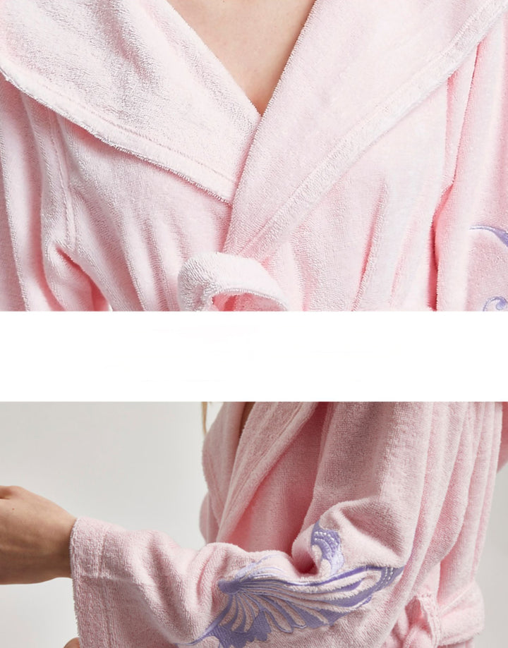 Cotton Hooded Bathrobe With Batterfly Embroidery - 3 Colors