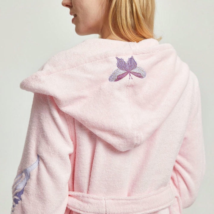 Cotton Hooded Bathrobe With Batterfly Embroidery - 3 Colors