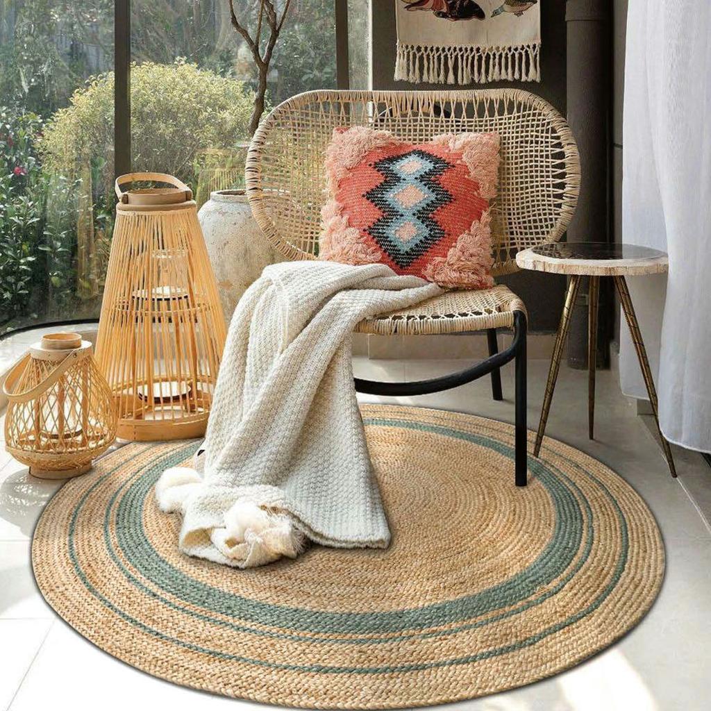 Harmony Rings Jute Rug - Handcrafted Round Jute Rug with Colorful Dyed ...