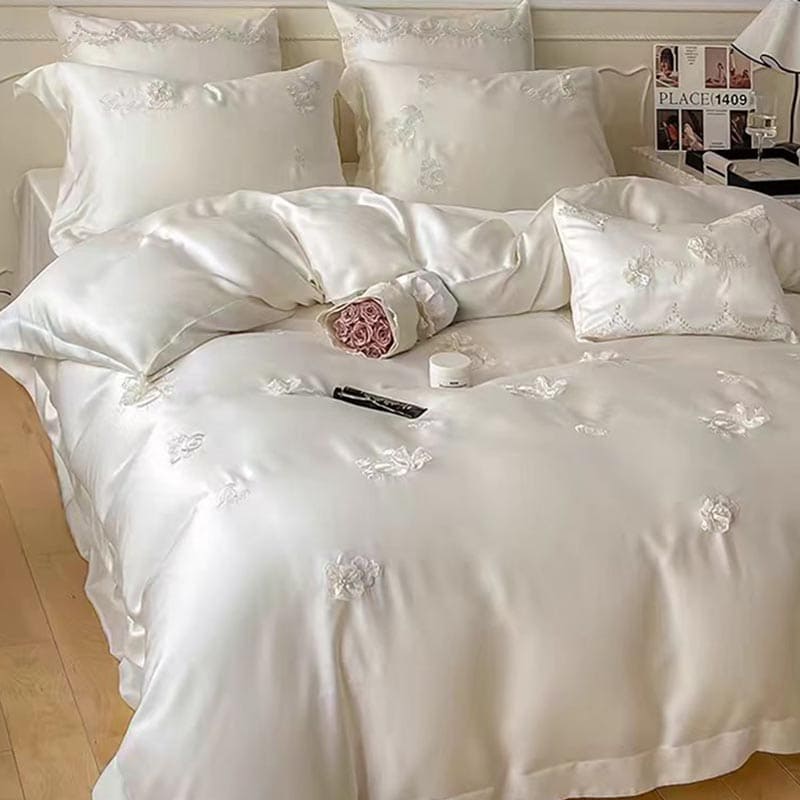 Juego de cama de tencel con bordado floral 3D (sin relleno)