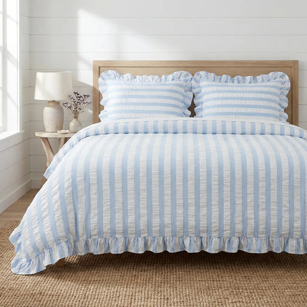 Baby Blue Seersucker Duvet Cover with Ruffle