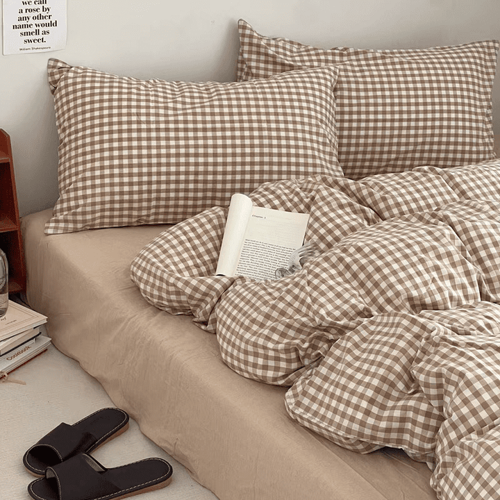 Beige Gingham Duvet Cover Set