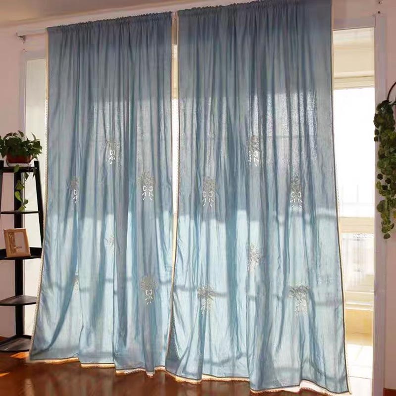 Blue Bouquet Embroidery Rod Pocket Sheer Curtain