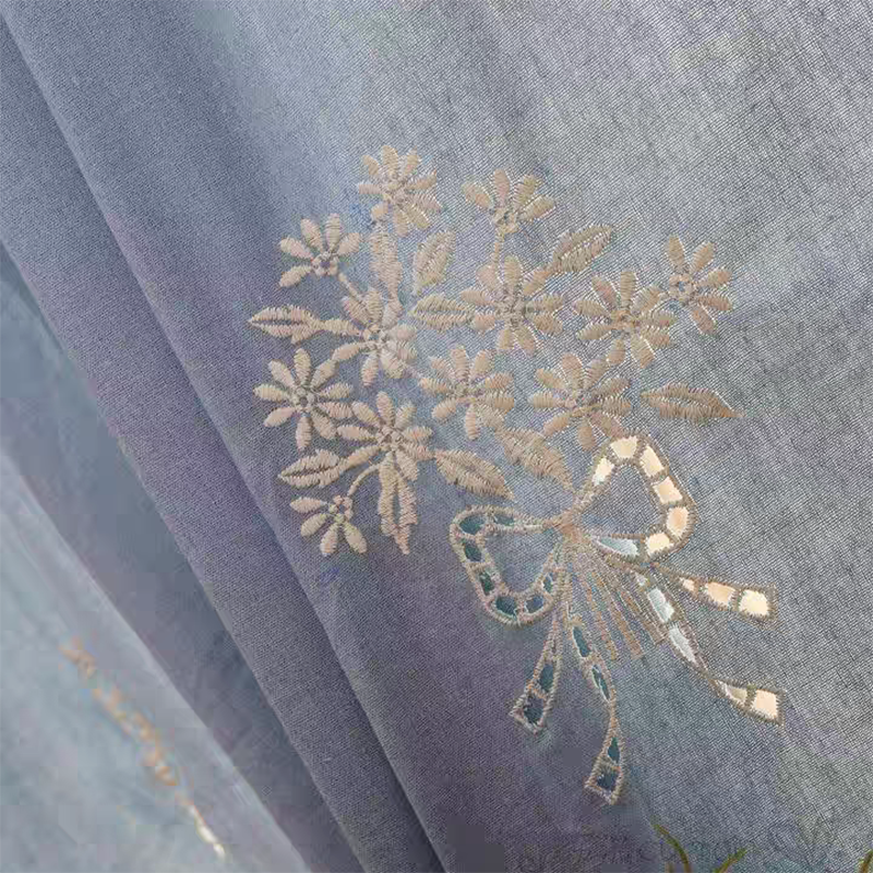 Blue Bouquet Embroidery Rod Pocket Sheer Curtain