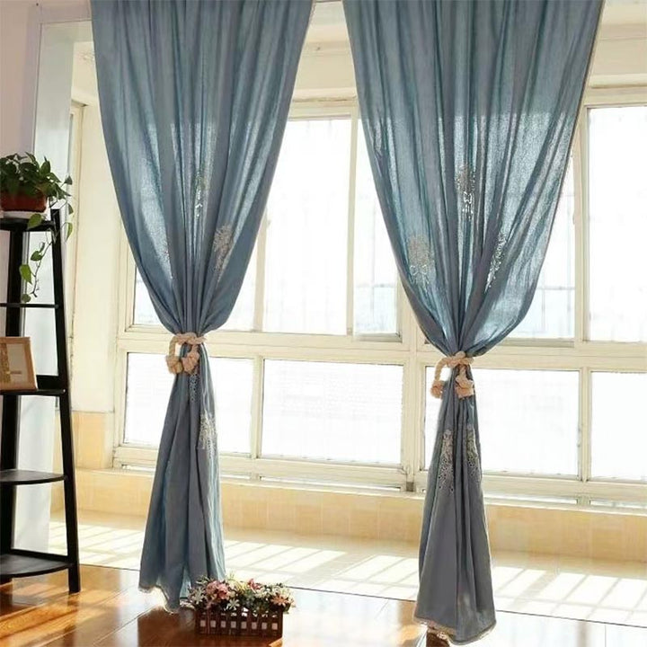 Blue Bouquet Embroidery Rod Pocket Sheer Curtain