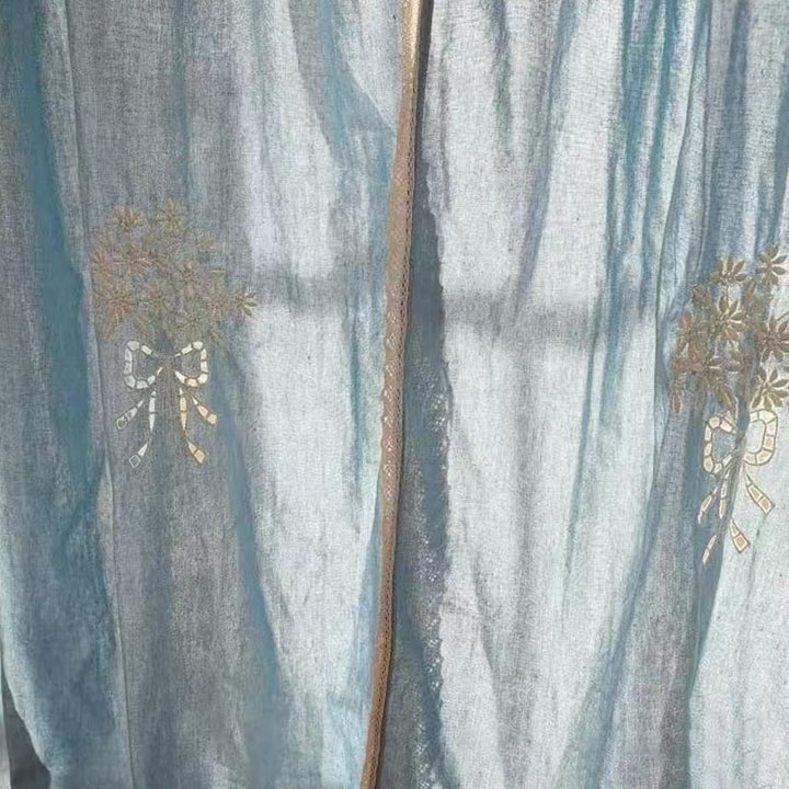 Blue Bouquet Embroidery Rod Pocket Sheer Curtain