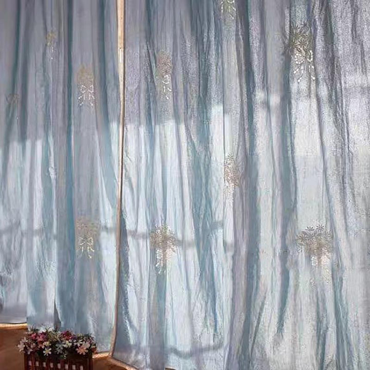 Blue Bouquet Embroidery Rod Pocket Sheer Curtain