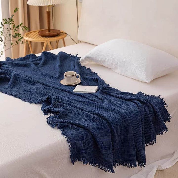 Bold Color Cotton Knitted Blanket with Tassel