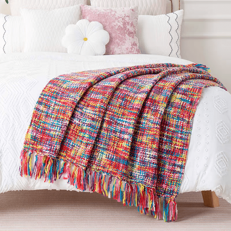 Colorful Knitted Blanket with Tassel