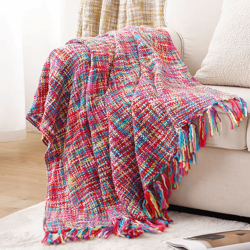 Colorful Knitted Blanket with Tassel