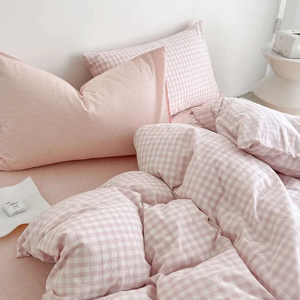 Cotton Small Gingham Bedding Set - Baby Pink