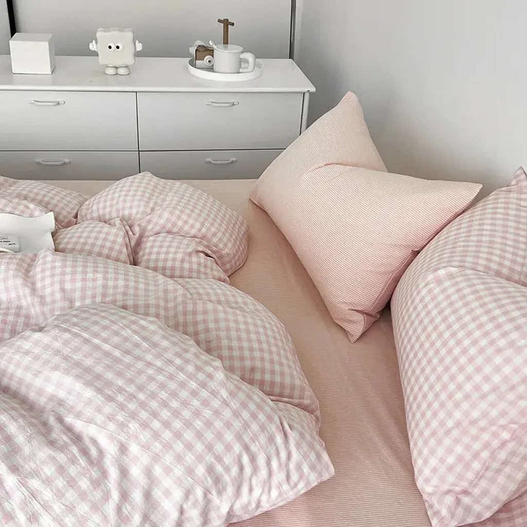 Cotton Small Gingham Bedding Set - Baby Pink