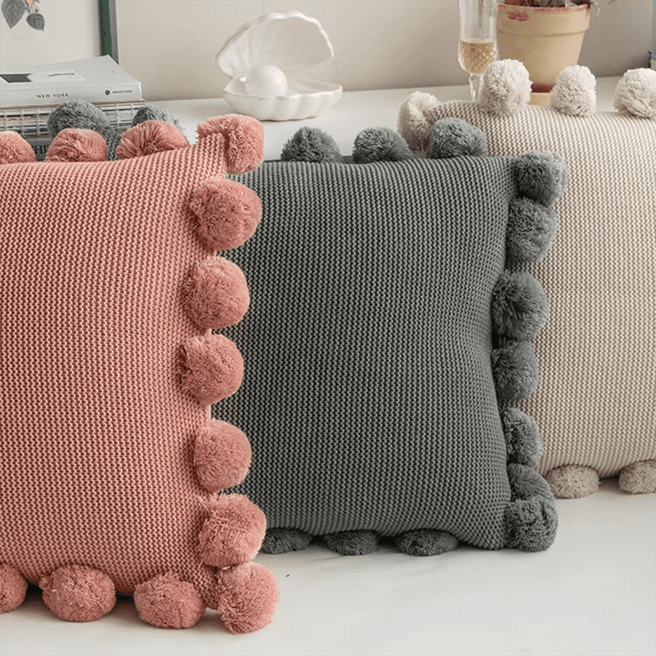 Cozy Knit Pom Pom Throw Pillow