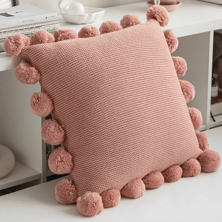 Cozy Knit Pom Pom Throw Pillow