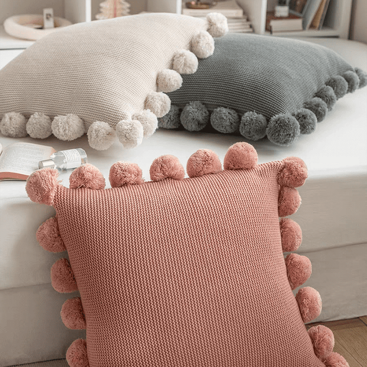 Cozy Knit Pom Pom Throw Pillow