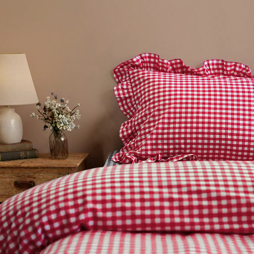 Rustic Gingham Duvet Cover with Ruffle