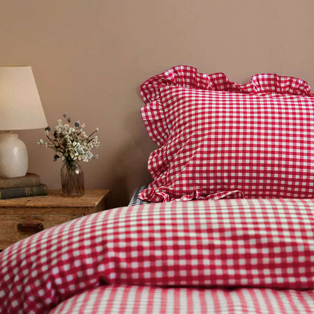 Rustic Gingham Duvet Cover with Ruffle