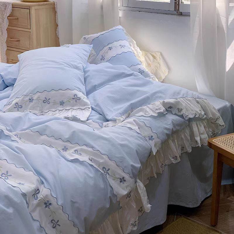 Fresh Blue Floral Embroidery Bedding Set