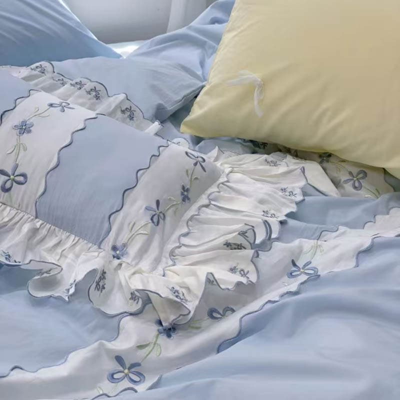 Fresh Blue Floral Embroidery Bedding Set