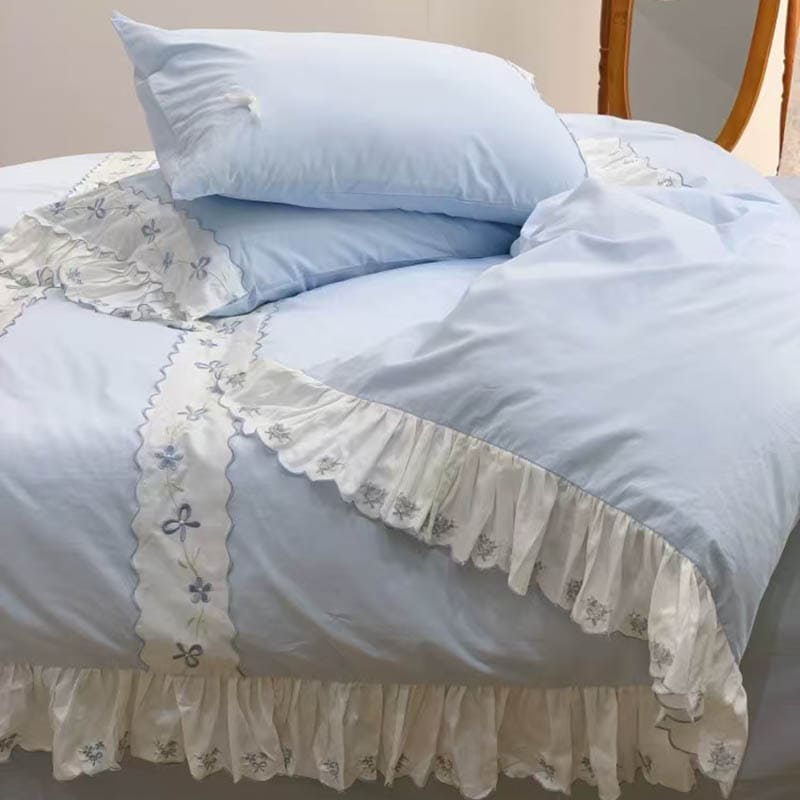 Fresh Blue Floral Embroidery Bedding Set