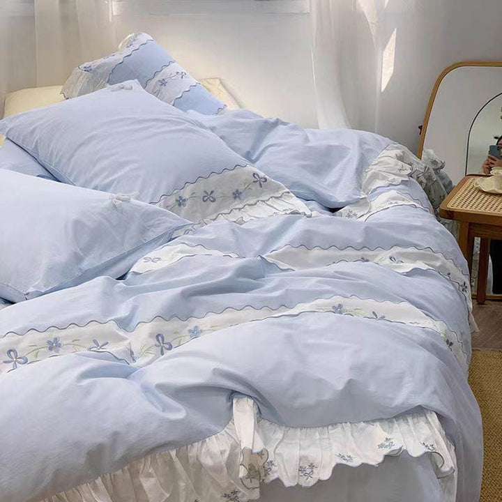 Fresh Blue Floral Embroidery Bedding Set