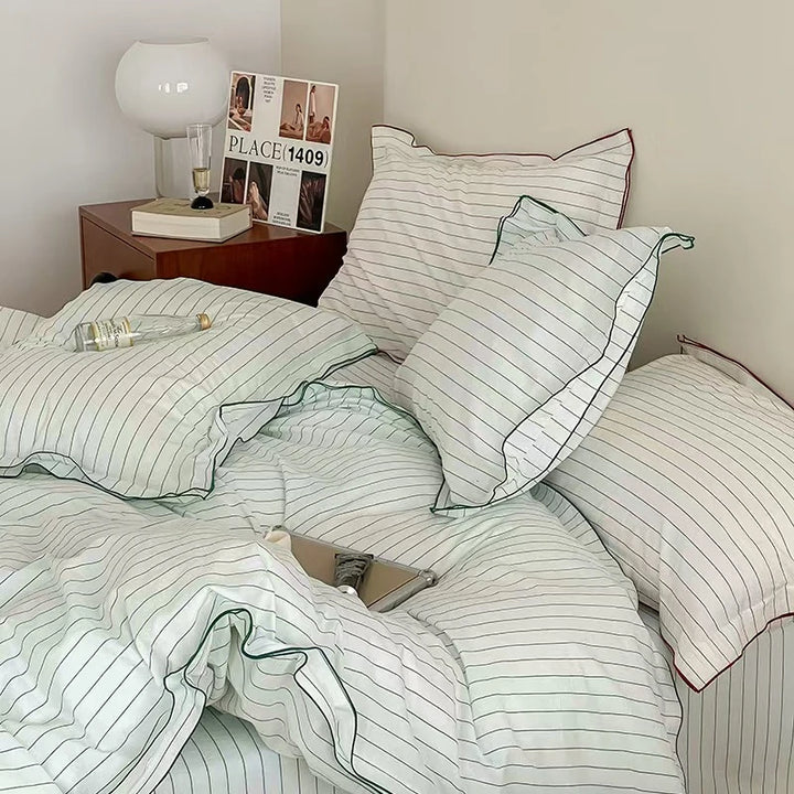 Fresh Green Striped Bedding Set.