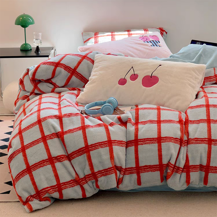 Girly Cherry & Plaid Plush Bedding Set.