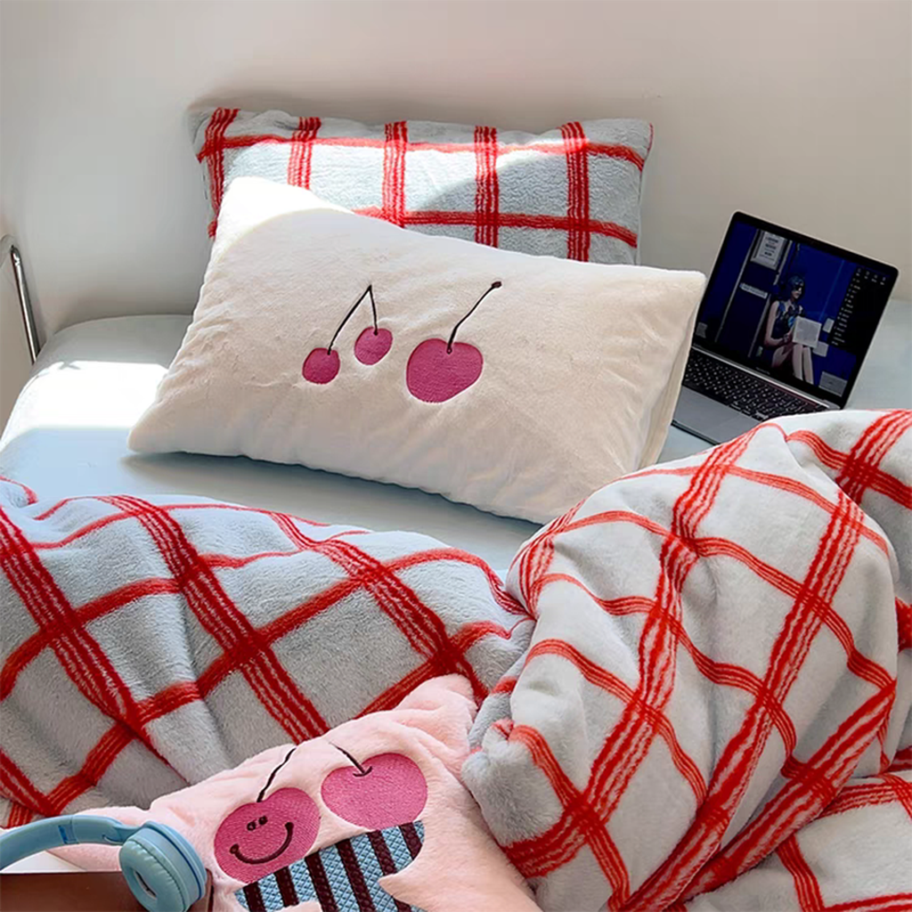 Girly Cherry & Plaid Plush Duvet Cover