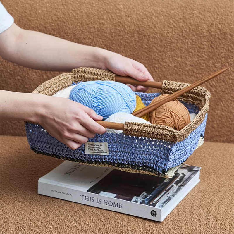 Handmade Raffia Tray with Wood Handle