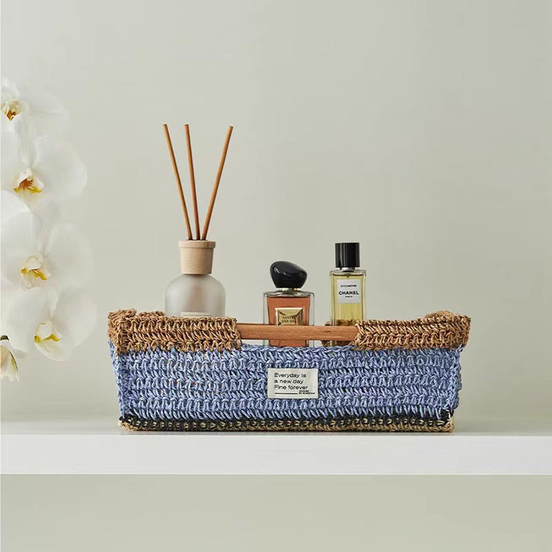 Handmade Raffia Tray with Wood Handle