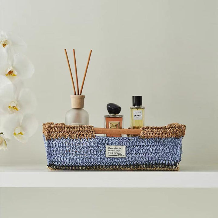 Handmade Raffia Tray with Wood Handle.