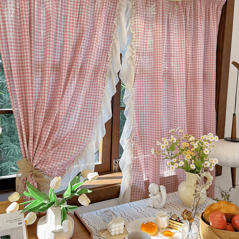 Korean Pink Gingham Curtain