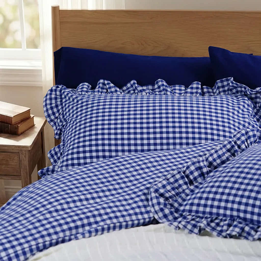 Navy Rustic Gingham Duvet Cover with Ruffle