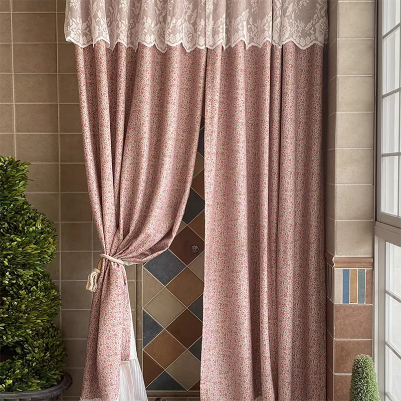 Pink Ditsy Floral Curtain with Lace