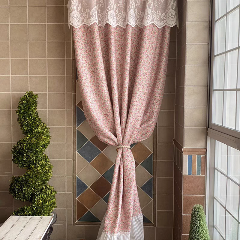 Pink Ditsy Floral Curtain with Lace