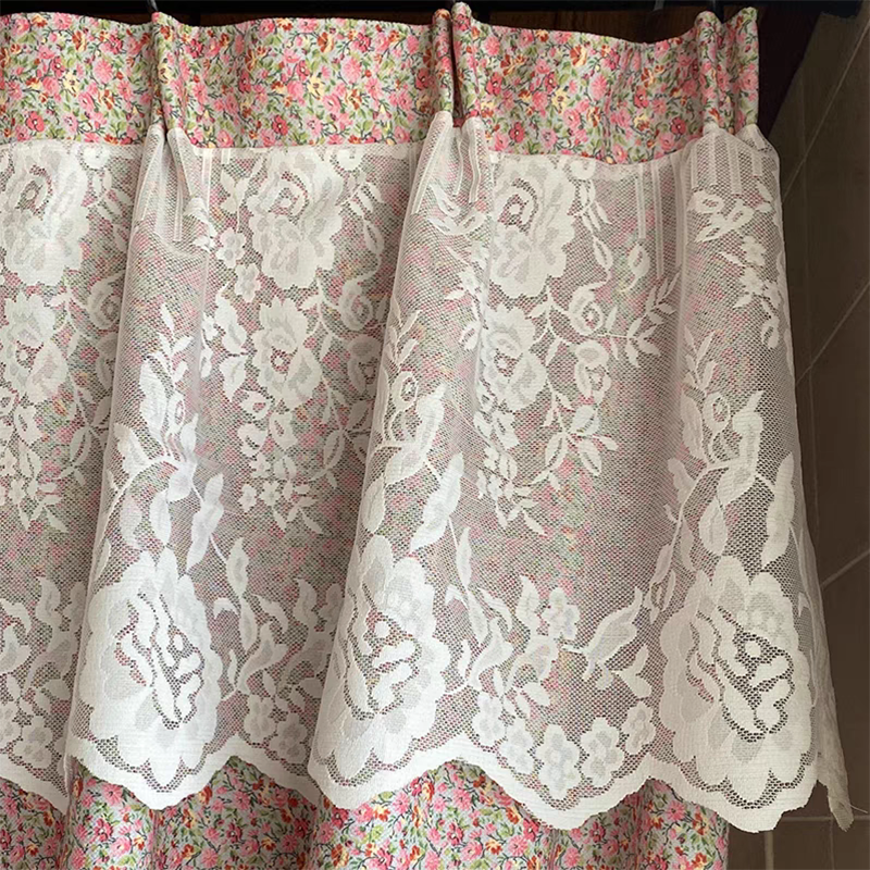 Pink Ditsy Floral Curtain with Lace