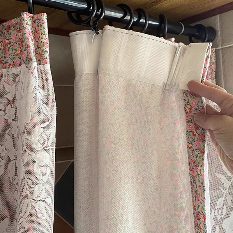 Pink Ditsy Floral Curtain with Lace