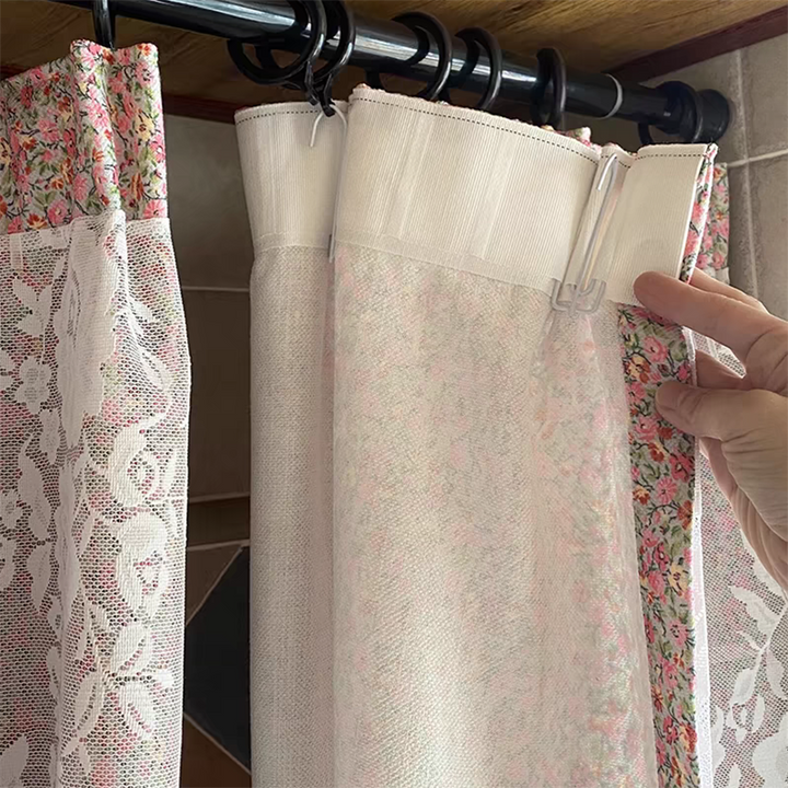 Pink Ditsy Floral Curtain with Lace