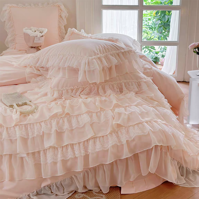 Pink Princess Style Chiffon Ruffled Bedding Set (Without Filler)