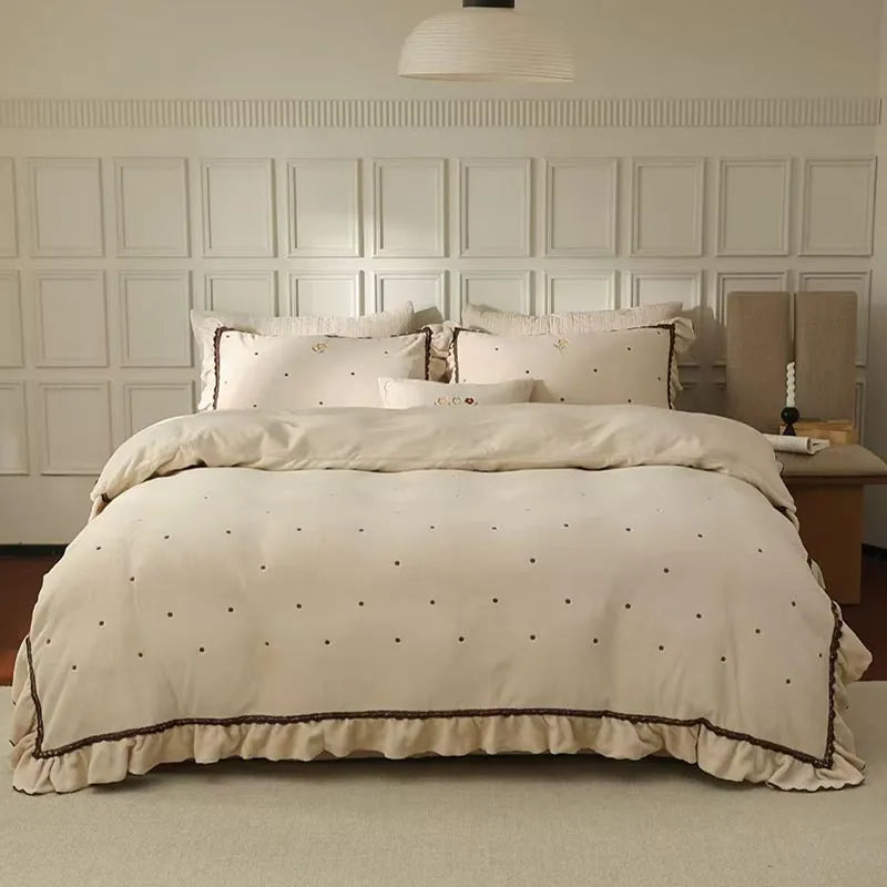 Polka Dot Embroidery Bedding Set with Ruffle