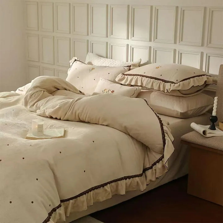 Polka Dot Embroidery Bedding Set with Ruffle