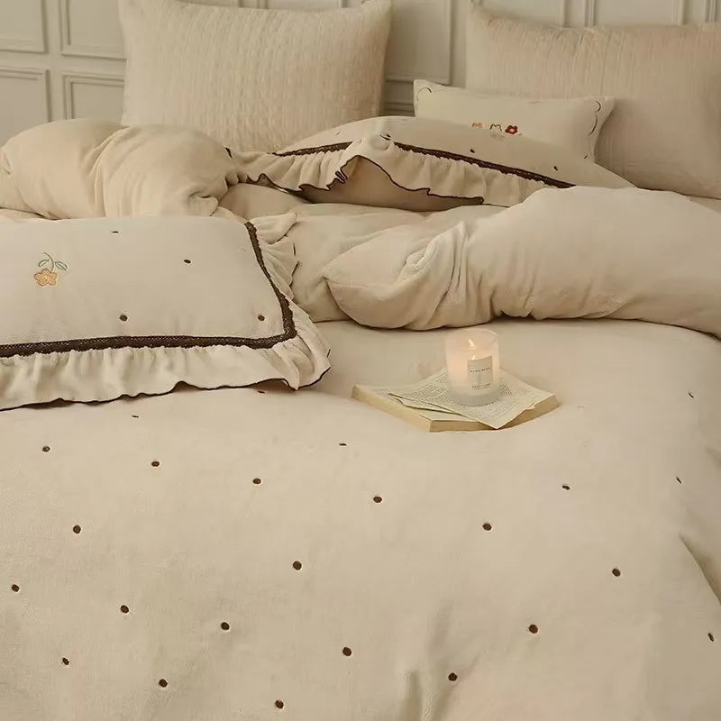 Polka Dot Embroidery Bedding Set with Ruffle