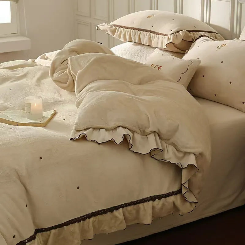 Polka Dot Embroidery Bedding Set with Ruffle