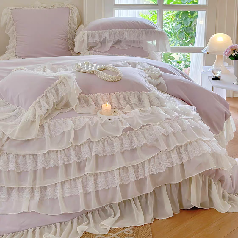 Purple Princess Style Chiffon Ruffled Bedding Set (Without Filler)