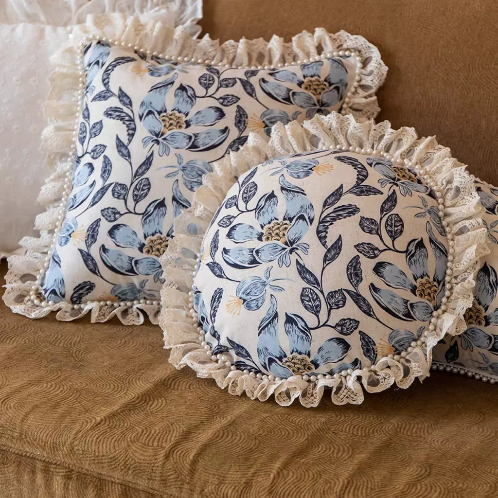 Romantic Floral Pearl-Trim Cushion Cover